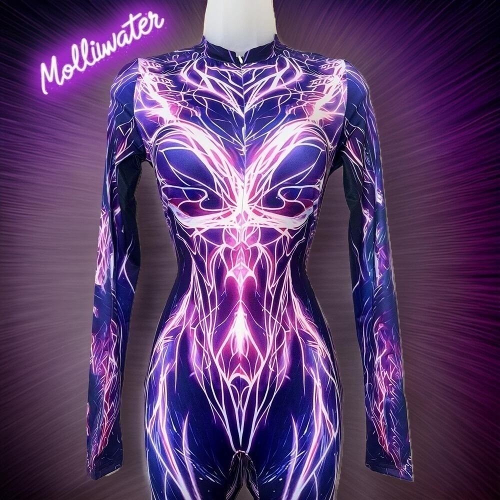 New Medium Electric Spandex Jumpsuit Catsuit Rave Illusion Electricity Cyberpunk